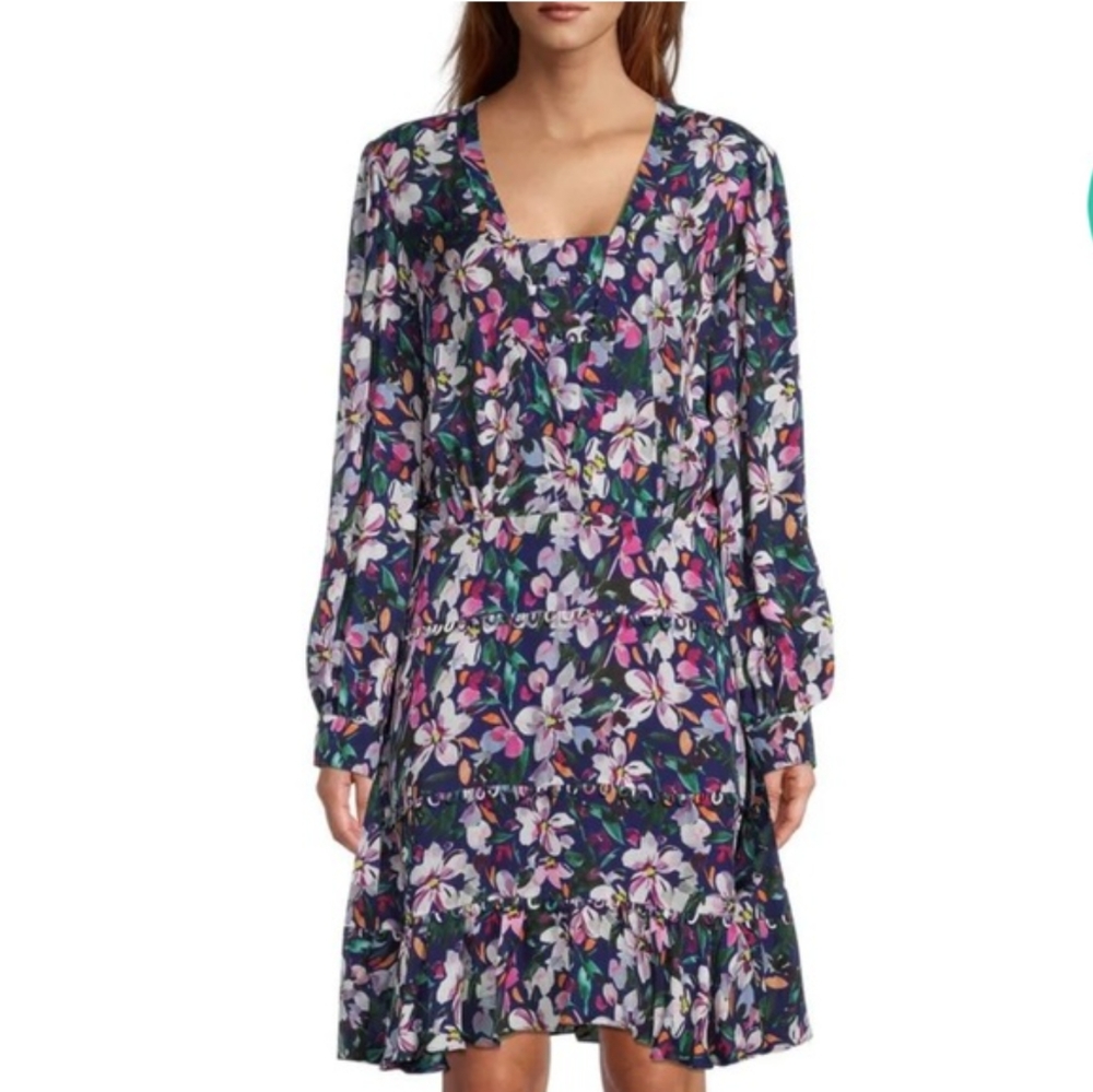 Nicole Miller Silk Blend Midnight Floral Tiered Dress